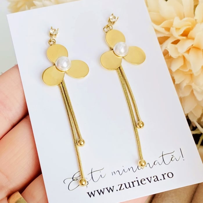 Cercei Eleganti Lungi Floare Perla - Otel Inoxidabil, Cercei Surub, Cercei Dama, Bijuterii Inox [5]