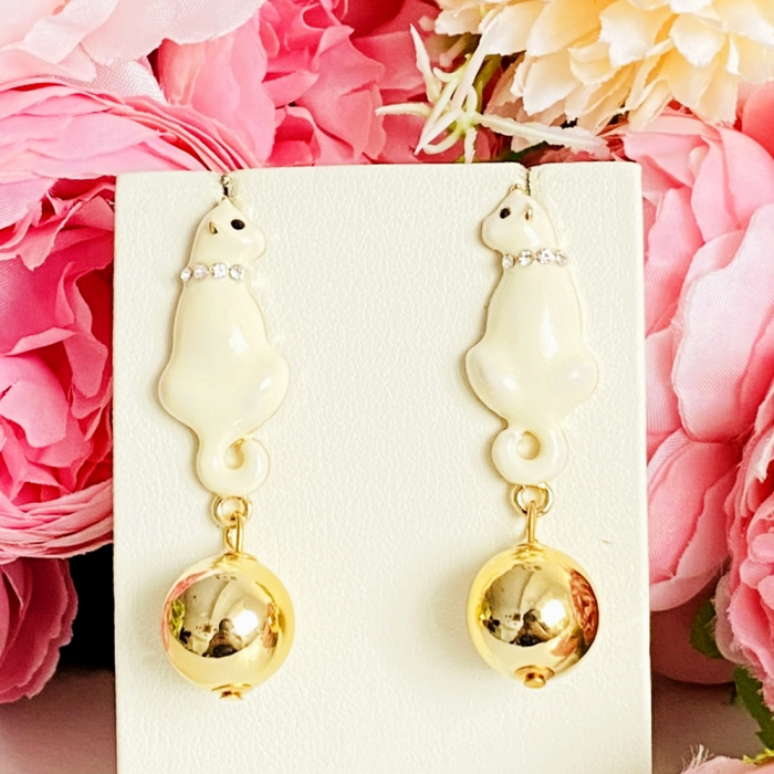 Cercei Pisici Albe & Perla Aurie, Cercei Dama, Bijuterii Femei [3]