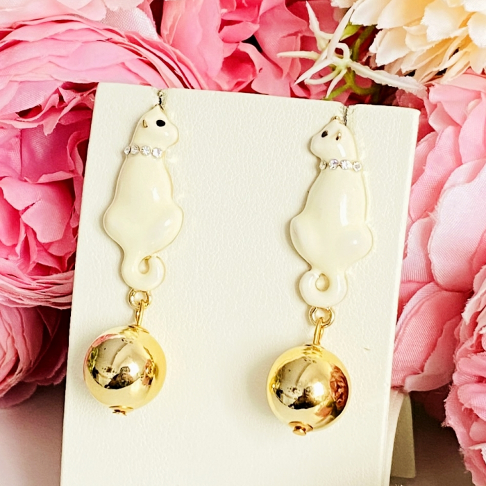 Cercei Pisici Albe & Perla Aurie, Cercei Dama, Bijuterii Femei [5]