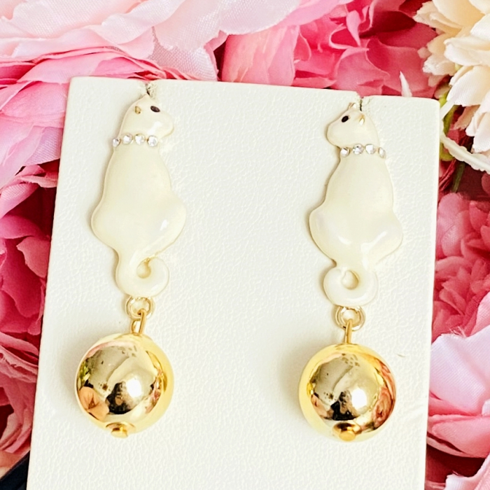 Cercei Pisici Albe & Perla Aurie, Cercei Dama, Bijuterii Femei [6]