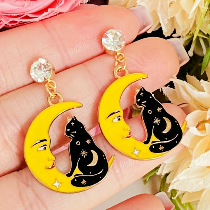 Martisor Cercei Pisici Negre & Luna Galbena, Cercei Dama, Bijuterii Femei [2]