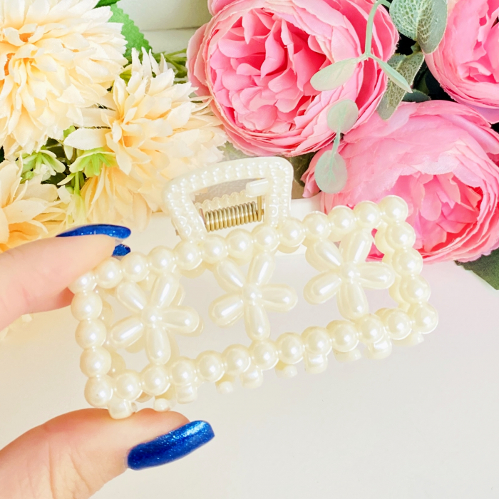 Clama Par Alba Dreptunghi Flori, Accesorii Par, Clame de Par [2]