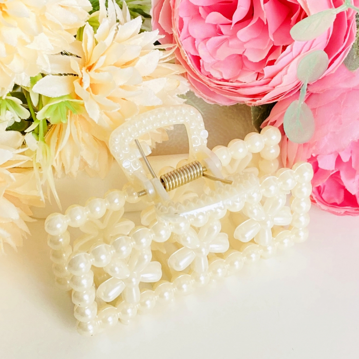 Clama Par Alba Dreptunghi Flori, Accesorii Par, Clame de Par [4]