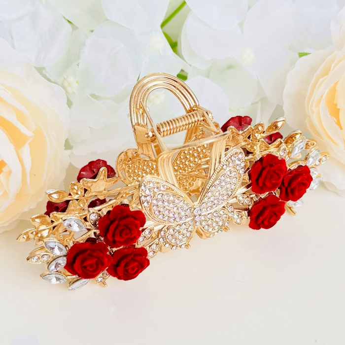 Clama Par Fluture & Flori Rosii, Accesorii Par, Clama Metal [5]