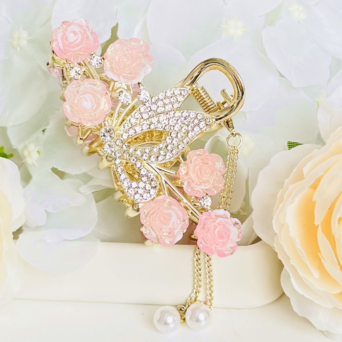 Clama Par Fluture & Flori Roz, Accesorii Par, Clama Metal [2]