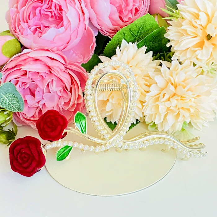 Clama Par Trandafiri Rosii & Perle, Agrafa de Par, Accesorii Par, Clama metal [5]