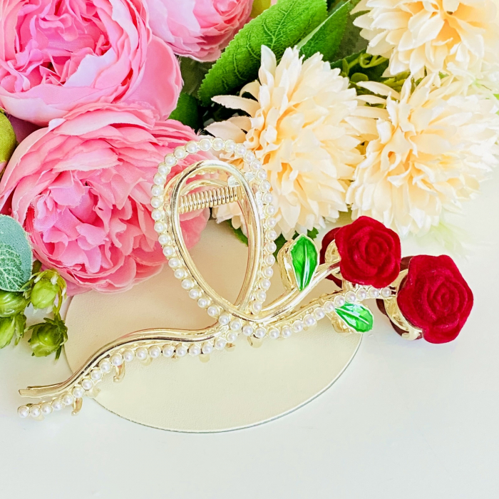 Clama Par Trandafiri Rosii & Perle, Agrafa de Par, Accesorii Par, Clama metal [10]