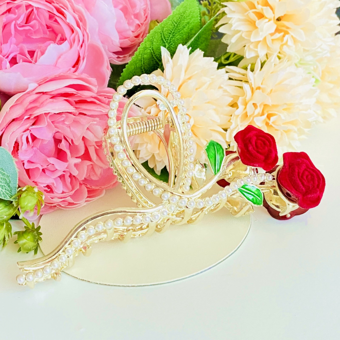 Clama Par Trandafiri Rosii & Perle, Agrafa de Par, Accesorii Par, Clama metal [8]