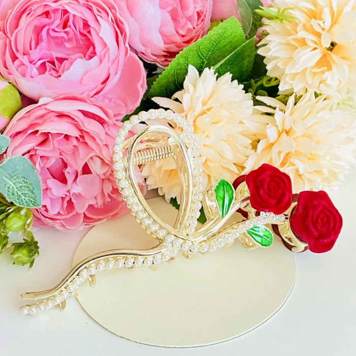 Clama Par Trandafiri Rosii & Perle, Agrafa de Par, Accesorii Par, Clama metal [2]