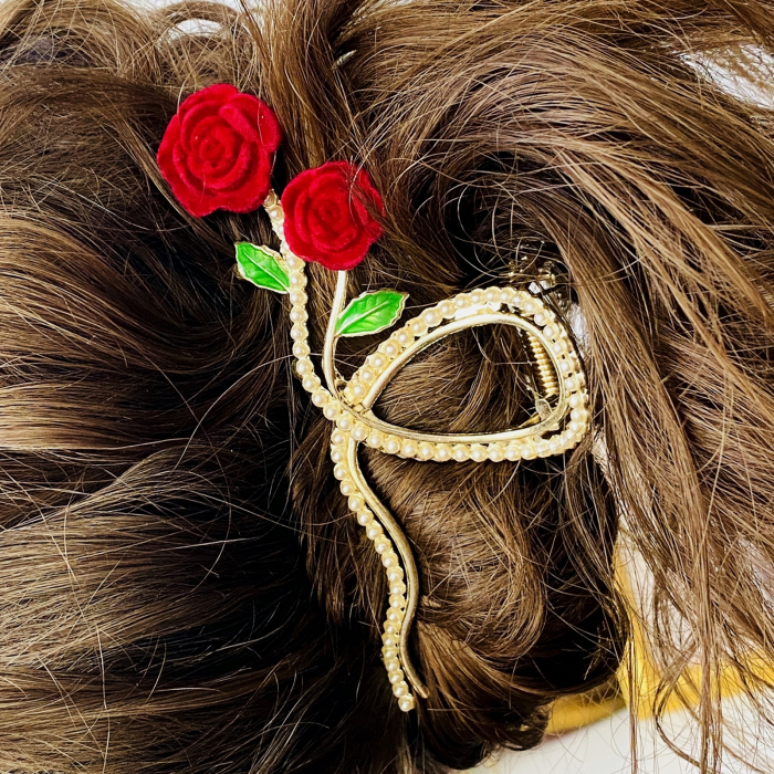 Clama Par Trandafiri Rosii & Perle, Agrafa de Par, Accesorii Par, Clama metal [9]