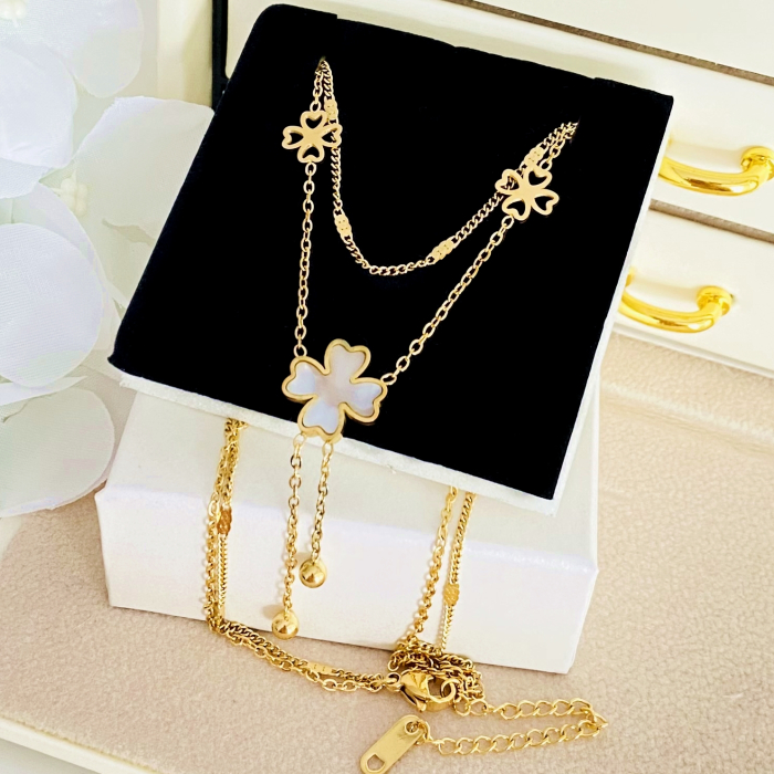 Colier Dublu Trifoi - Otel Inoxidabil, Lantisoare Coliere Dama, Bijuterii Inox [2]