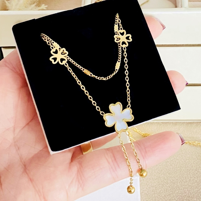 Colier Dublu Trifoi - Otel Inoxidabil, Lantisoare Coliere Dama, Bijuterii Inox [4]