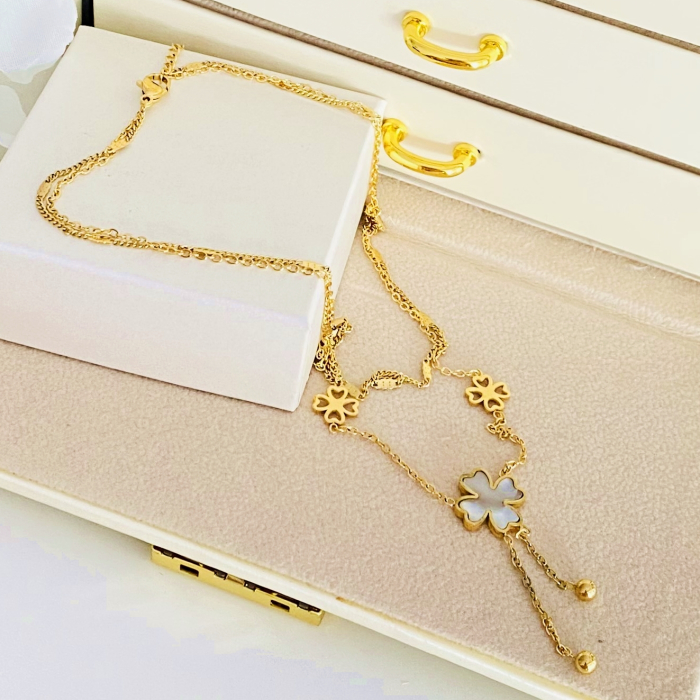 Colier Dublu Trifoi - Otel Inoxidabil, Lantisoare Coliere Dama, Bijuterii Inox [3]