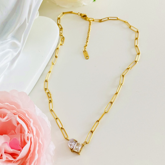 Colier 2 Cristale - Otel Inoxidabil, Lantisoare Coliere Dama, Bijuterii Inox [3]