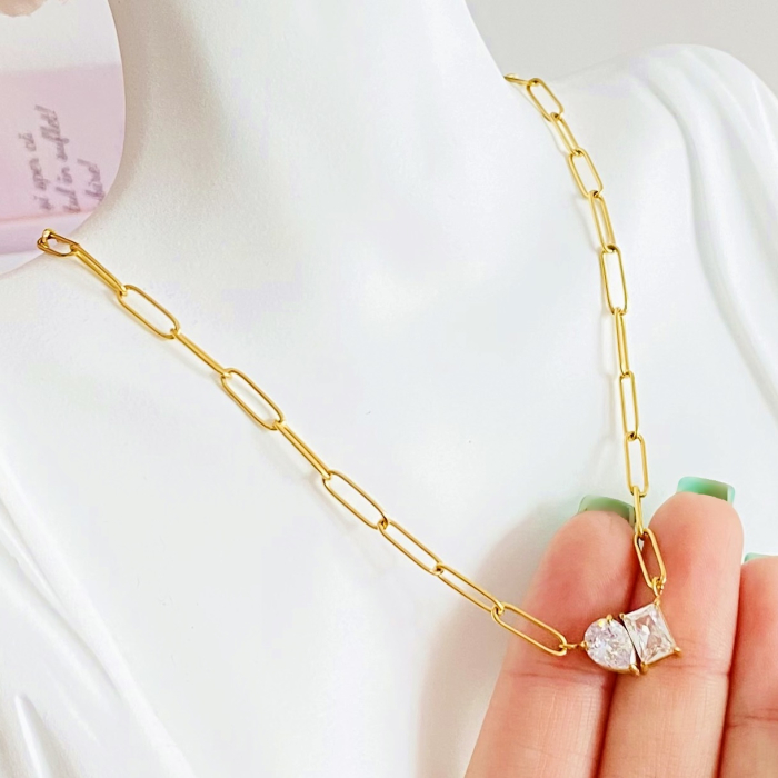 Colier 2 Cristale - Otel Inoxidabil, Lantisoare Coliere Dama, Bijuterii Inox [1]