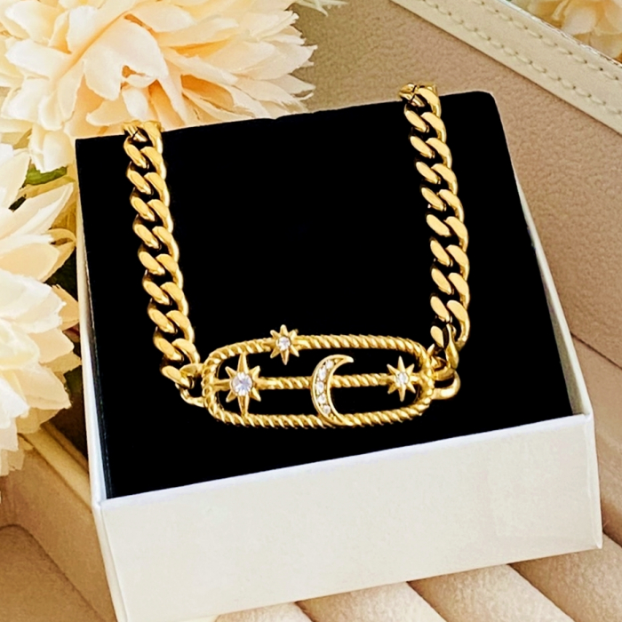 Colier Auriu Luna Stele - Otel Inoxidabil, Lantisoare Coliere Dama, Bijuterii Inox [3]