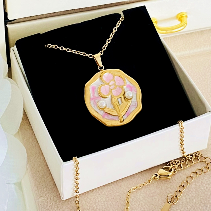 Colier Floare Roz - Otel Inoxidabil, Lantisoare Coliere Dama, Bijuterii Inox [2]