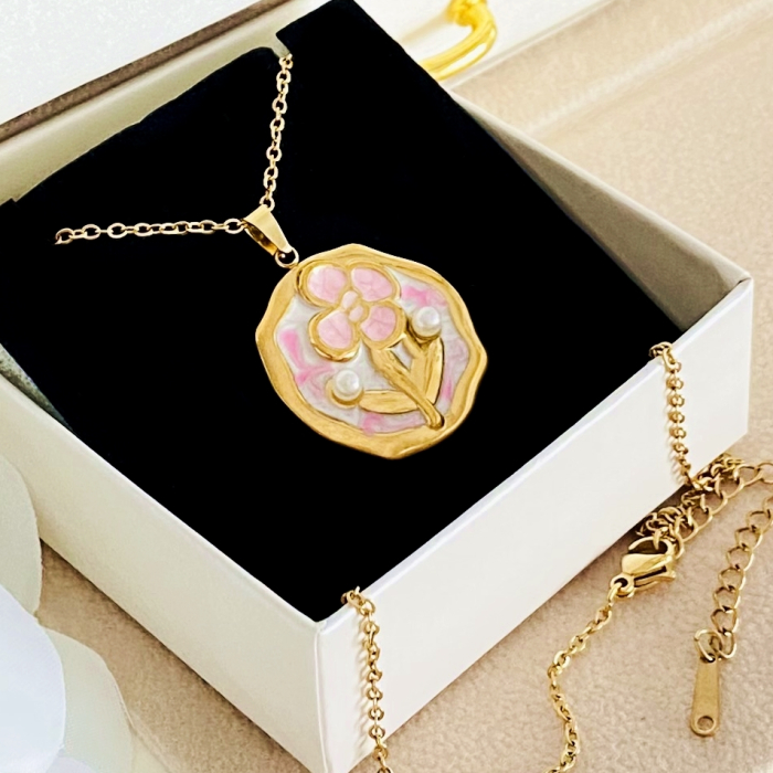 Colier Floare Roz - Otel Inoxidabil, Lantisoare Coliere Dama, Bijuterii Inox [3]