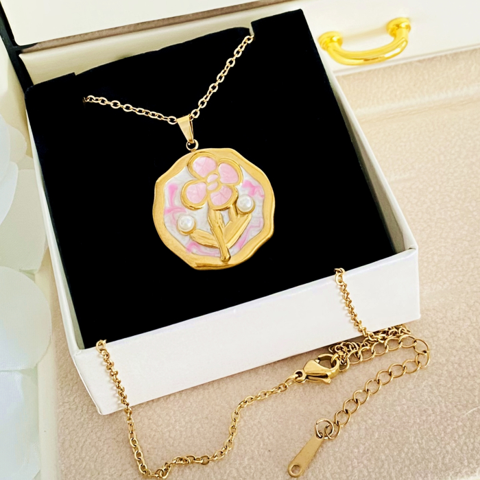 Colier Floare Roz - Otel Inoxidabil, Lantisoare Coliere Dama, Bijuterii Inox [4]