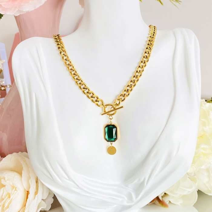 Colier Cristal Verde - Otel Inoxidabil, Lantisoare Coliere Dama, Bijuterii Inox [6]