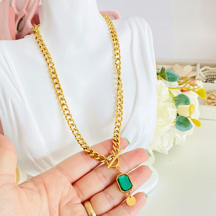 Colier Cristal Verde - Otel Inoxidabil, Lantisoare Coliere Dama, Bijuterii Inox [5]