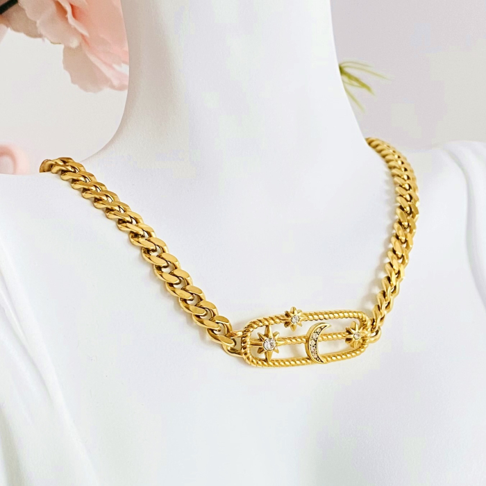 Colier Auriu Luna Stele - Otel Inoxidabil, Lantisoare Coliere Dama, Bijuterii Inox [4]