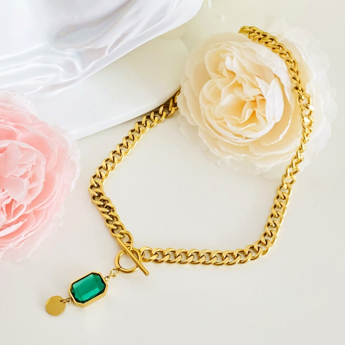 Colier Cristal Verde - Otel Inoxidabil, Lantisoare Coliere Dama, Bijuterii Inox [3]