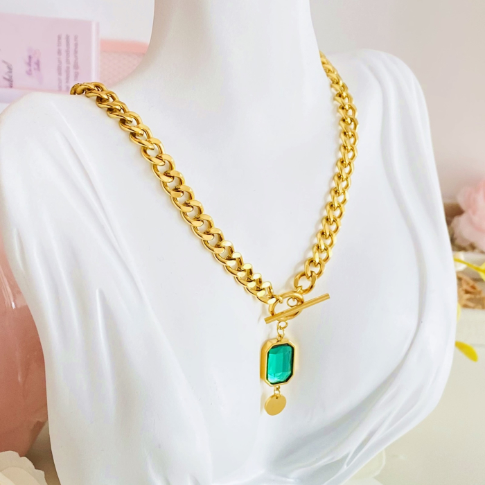 Colier Cristal Verde - Otel Inoxidabil, Lantisoare Coliere Dama, Bijuterii Inox [2]