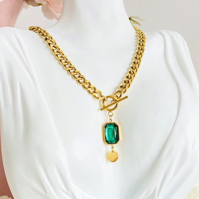 Colier Cristal Verde - Otel Inoxidabil, Lantisoare Coliere Dama, Bijuterii Inox [8]