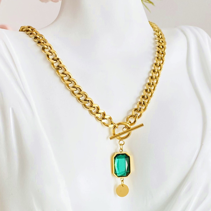 Colier Cristal Verde - Otel Inoxidabil, Lantisoare Coliere Dama, Bijuterii Inox [4]