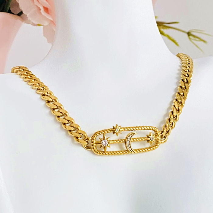 Colier Auriu Luna Stele - Otel Inoxidabil, Lantisoare Coliere Dama, Bijuterii Inox [1]