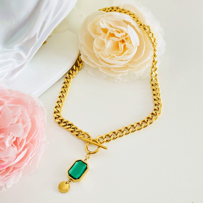 Colier Cristal Verde - Otel Inoxidabil, Lantisoare Coliere Dama, Bijuterii Inox [7]