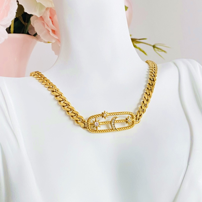 Colier Auriu Luna Stele - Otel Inoxidabil, Lantisoare Coliere Dama, Bijuterii Inox [8]