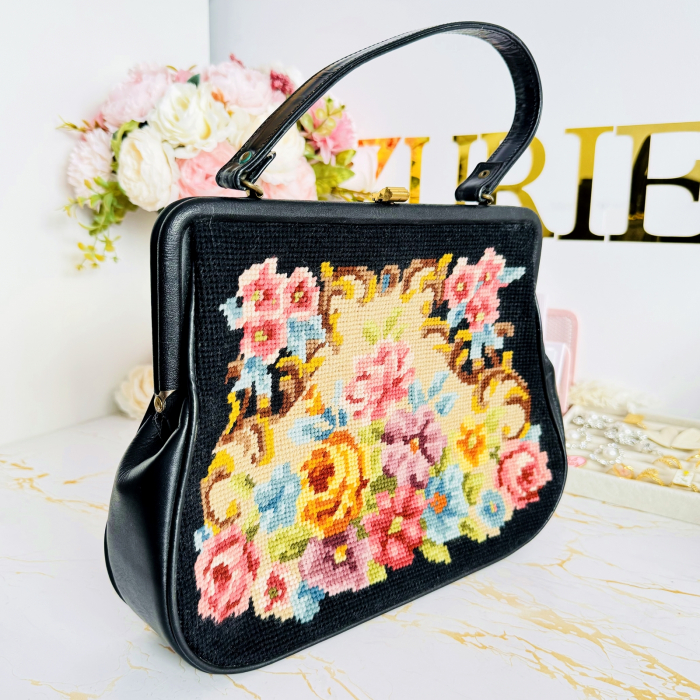 Geanta Vintage Goblen Flori & Piele Naturala, Genti Vintage [4]