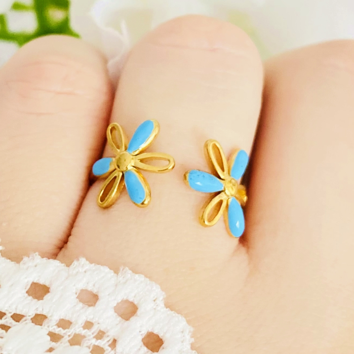 Inel Reglabil Flori Albastre, Inele Otel Inoxidabil, Inele Dama [2]