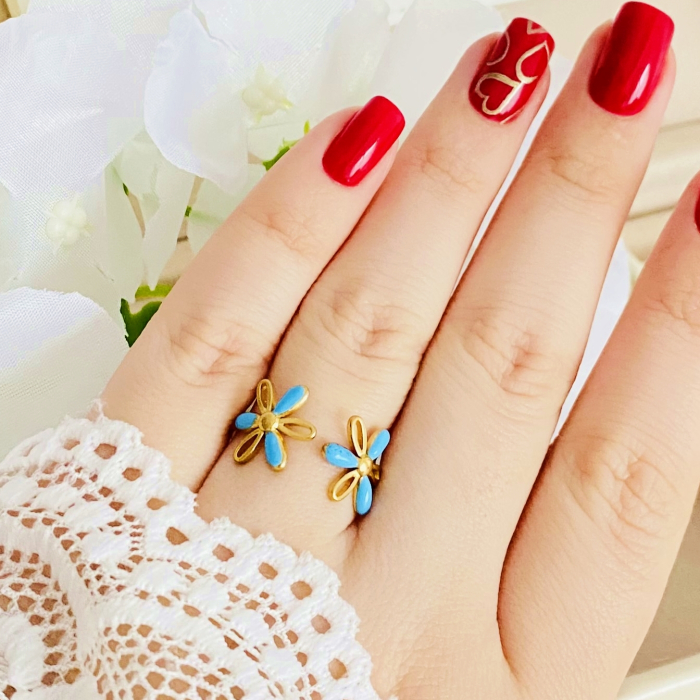 Inel Reglabil Flori Albastre, Inele Otel Inoxidabil, Inele Dama [4]