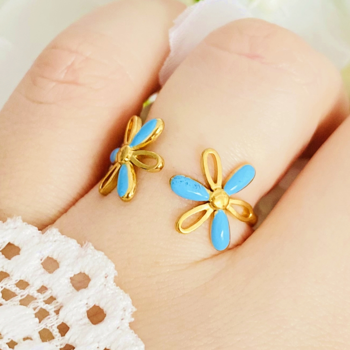 Inel Reglabil Flori Albastre, Inele Otel Inoxidabil, Inele Dama [3]