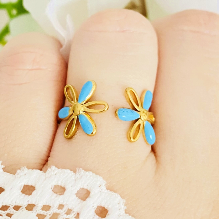 Inel Reglabil Flori Albastre, Inele Otel Inoxidabil, Inele Dama [6]