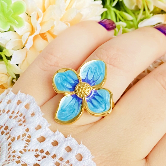 Inel Reglabil Floare Albastra, Inele Otel Inoxidabil, Inele Dama [1]