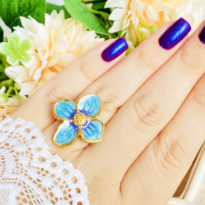 Inel Reglabil Floare Albastra, Inele Otel Inoxidabil, Inele Dama [7]