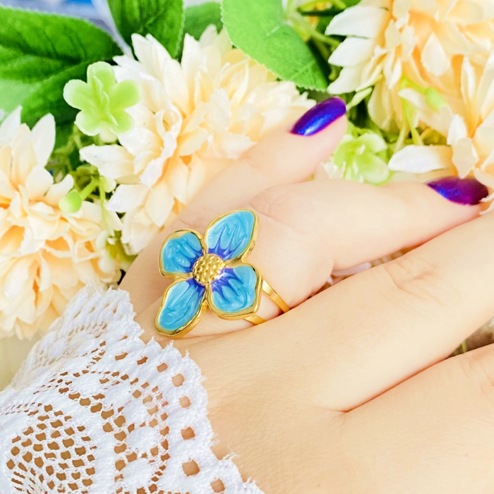 Inel Reglabil Floare Albastra, Inele Otel Inoxidabil, Inele Dama [4]