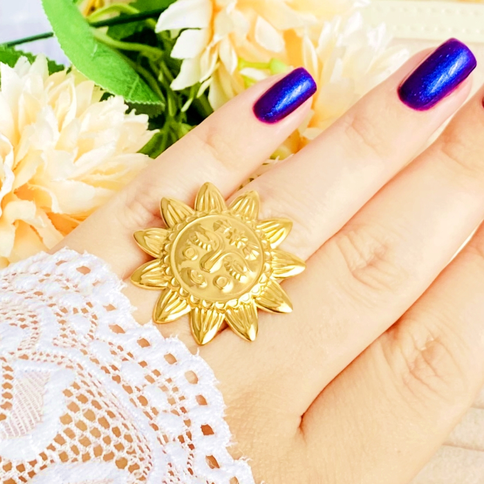 Inel Reglabil Soare Aztec, Inele Otel Inoxidabil, Inele Dama [3]