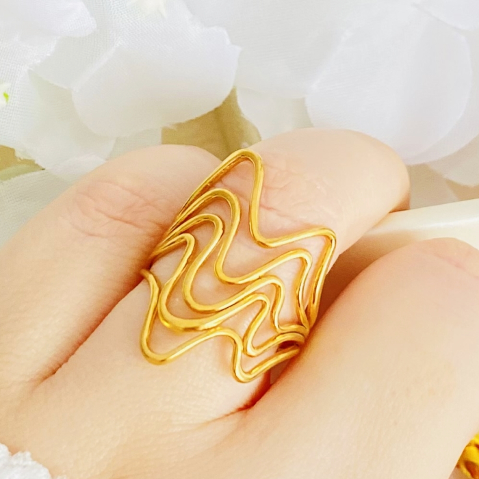 Inel Reglabil Valuri Aurii, Inele Otel Inoxidabil, Inele Dama [2]