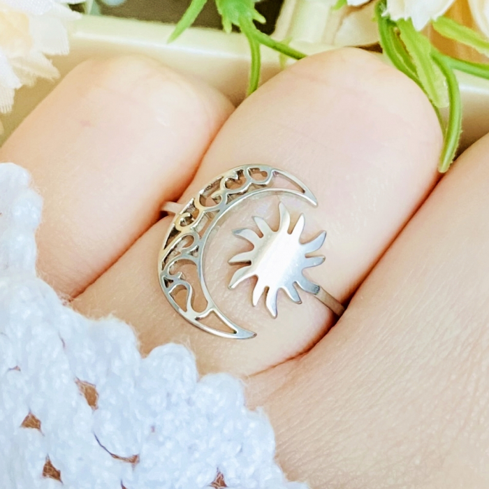 Inel Reglabil Luna Soare Argintiu, Inele Otel Inoxidabil, Inele Dama [2]