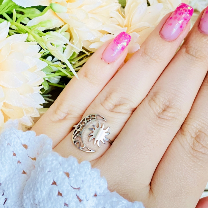 Inel Reglabil Luna Soare Argintiu, Inele Otel Inoxidabil, Inele Dama [3]