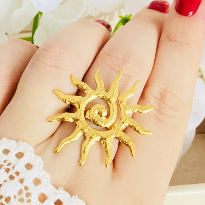 Inel Reglabil Soare Mare Auriu, Inele Otel Inoxidabil, Inele Dama [6]