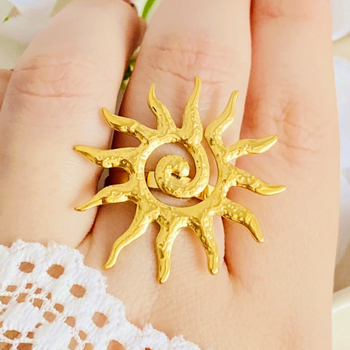 Inel Reglabil Soare Mare Auriu, Inele Otel Inoxidabil, Inele Dama [3]