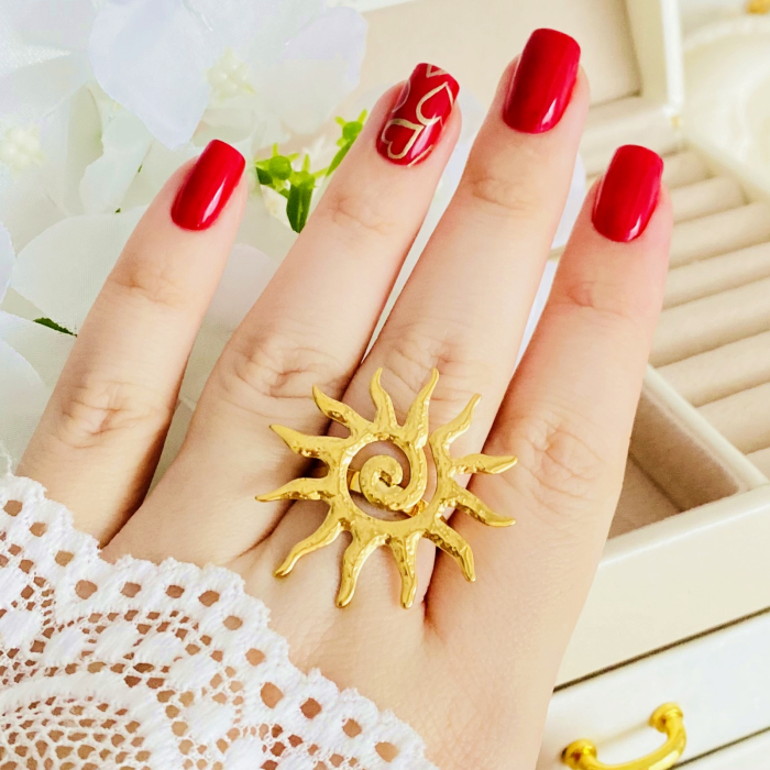 Inel Reglabil Soare Mare Auriu, Inele Otel Inoxidabil, Inele Dama [4]