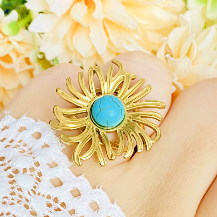 Inel Reglabil Floare Turcoaz, Inele Otel Inoxidabil, Inele Dama [5]