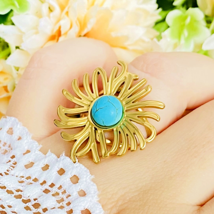 Inel Reglabil Floare Turcoaz, Inele Otel Inoxidabil, Inele Dama [3]